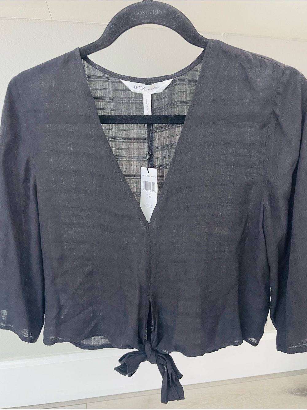 BCBGeneration Black Semi-Sheer Tie-Front V-Neck Blouse